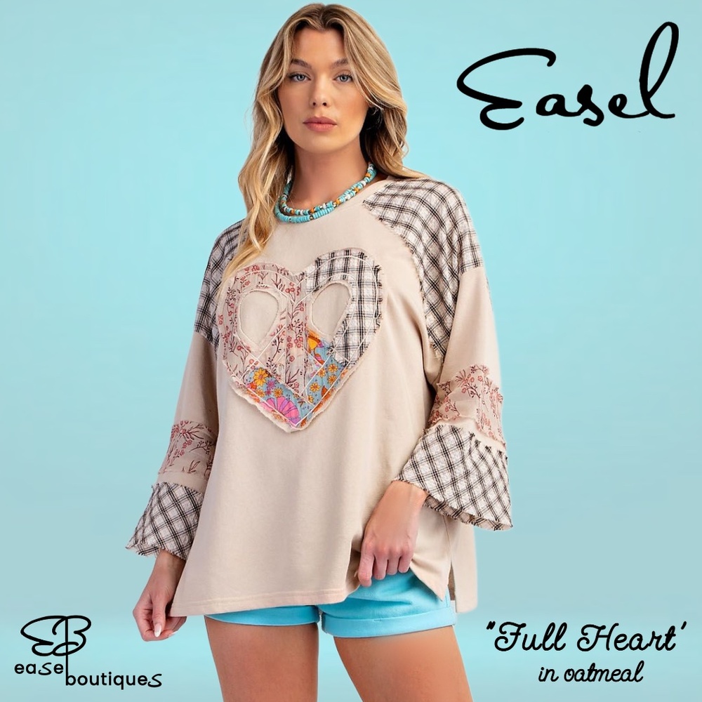 EASEL "Full Heart" Cotton Terry Mix Fabric & Print Embroidered Raw Frayed Edges